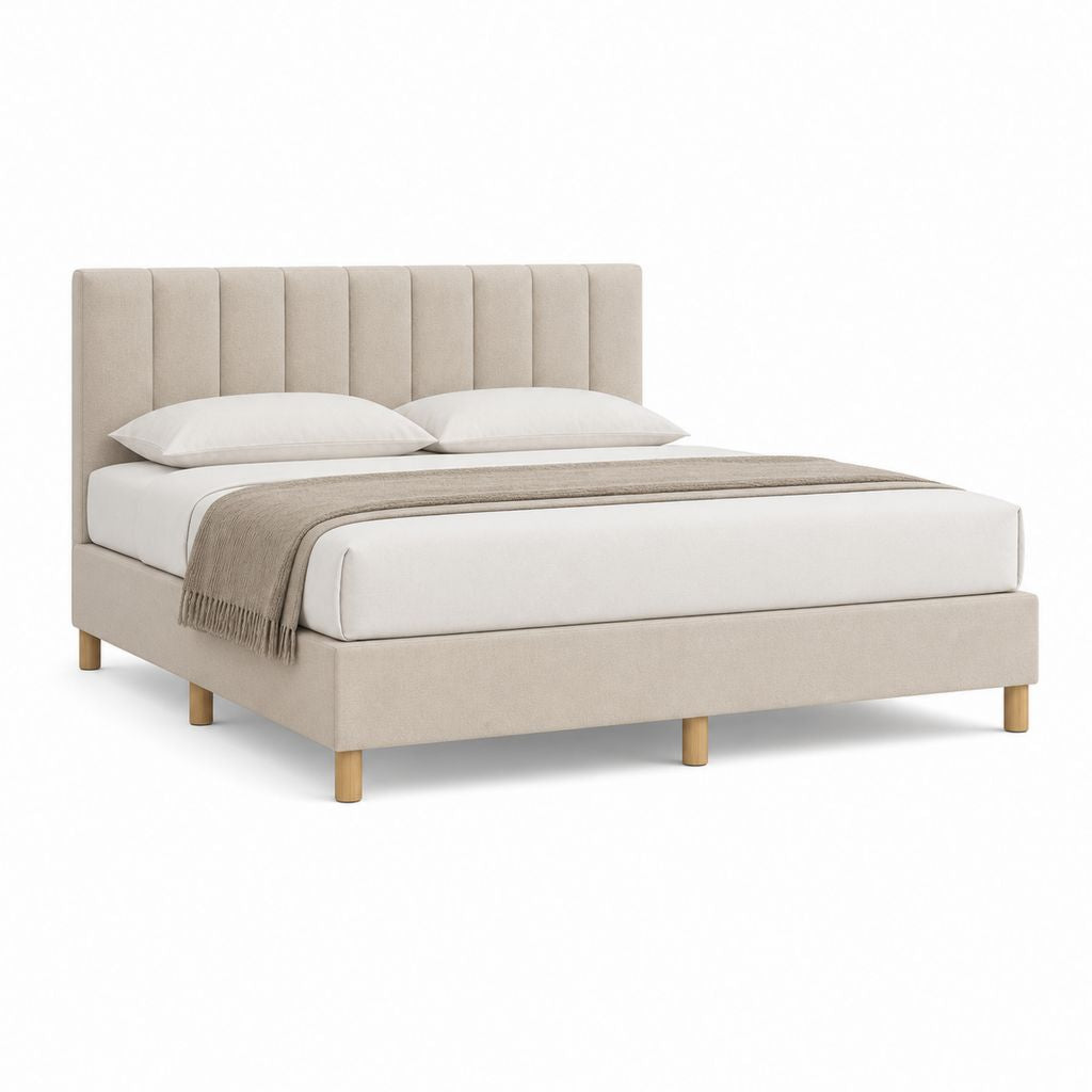 Letto matrimoniale imbottito beige in poliestere con testiera verticale 160 x 200 cm