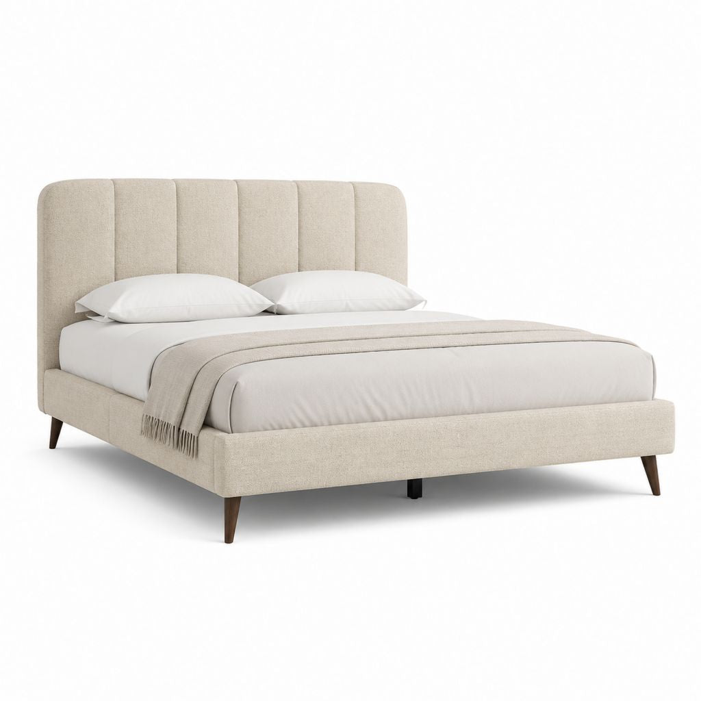 Letto matrimoniale imbottito beige in poliestere con testiera arrotondata 160 x 200 cm
