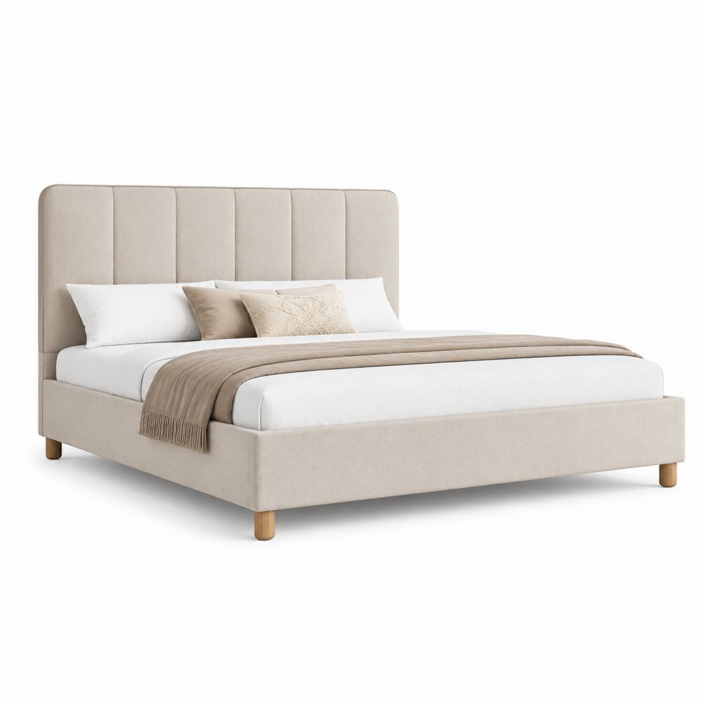 Letto matrimoniale imbottito beige in poliestere con testiera rettangolare 180 x 218 x 110 cm per materasso 160 x 200 cm