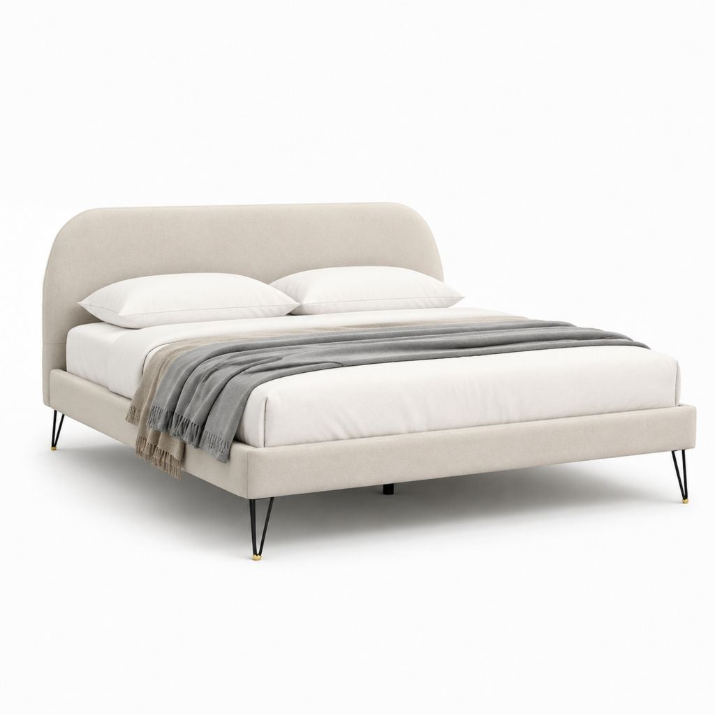 Letto matrimoniale imbottito beige in poliestere con testiera curva 160 x 200 cm