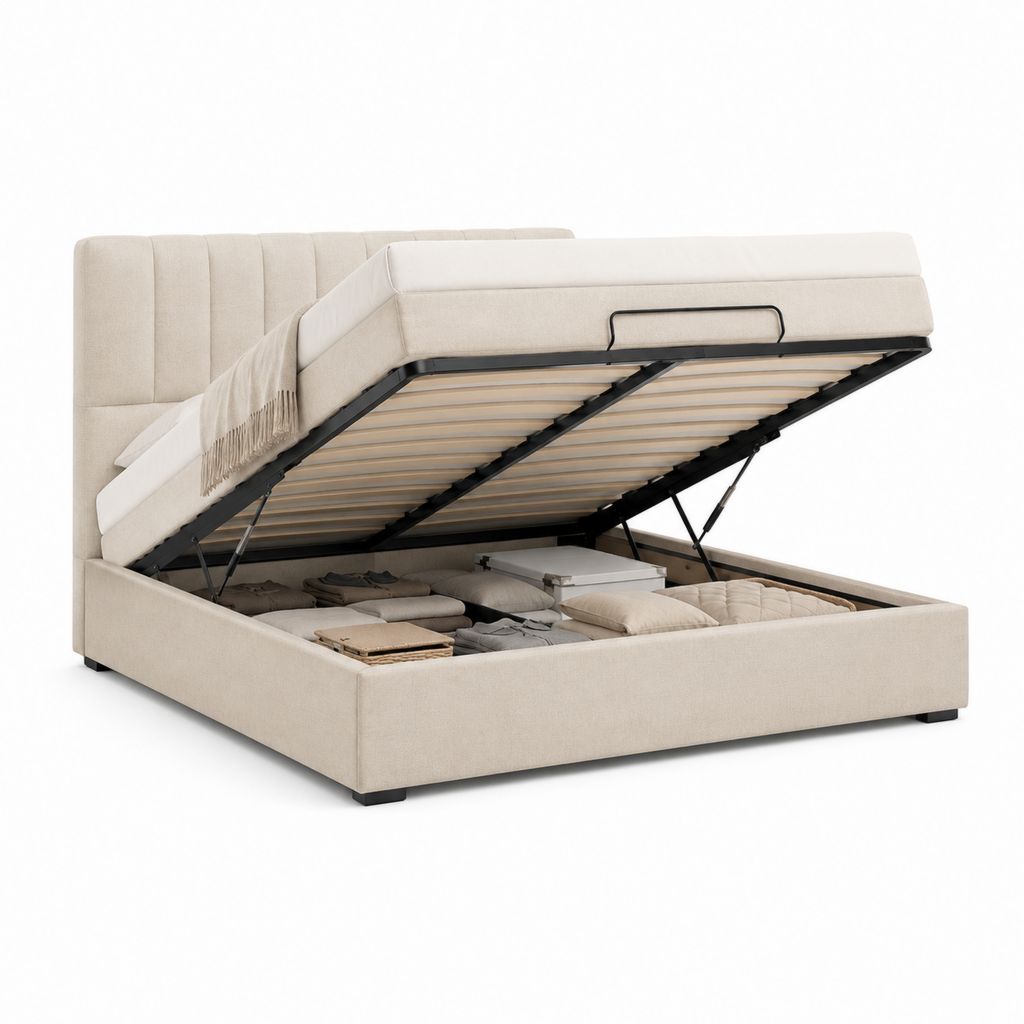 Letto contenitore matrimoniale beige in poliestere con rete a doghe 160 x 200 cm