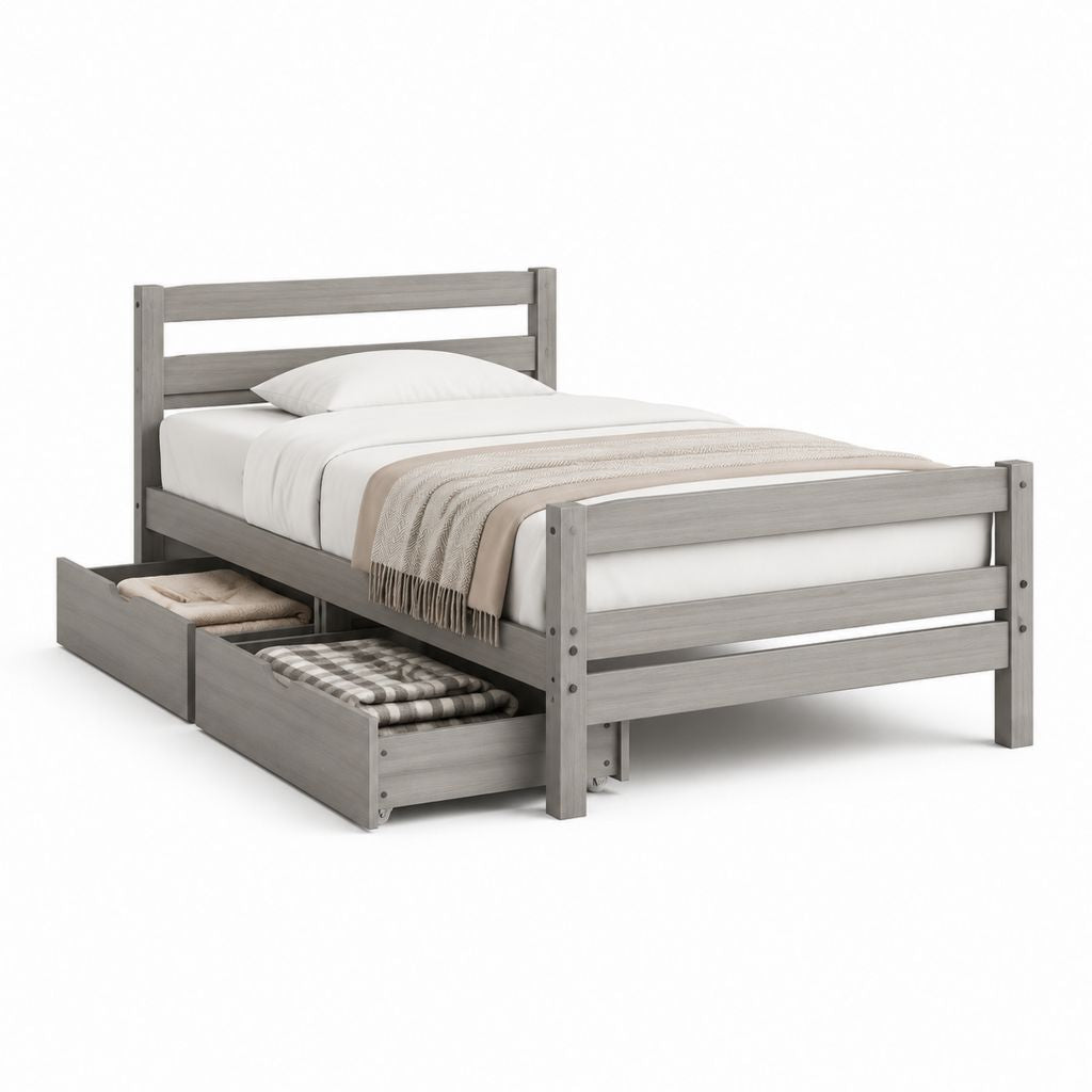 Letto singolo con 2 cassetti grigio in legno massello rettangolare 90 x 190 cm
