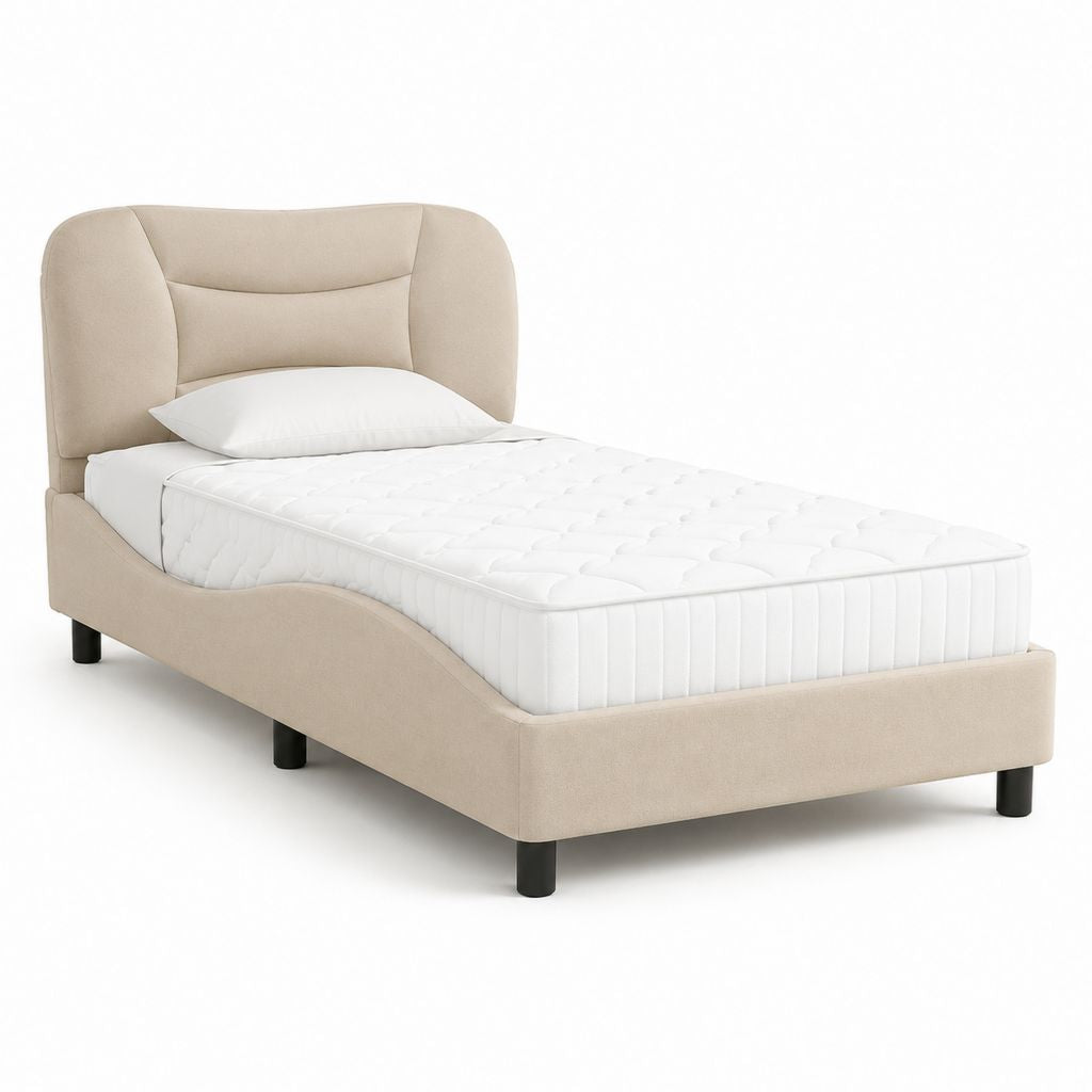Letto singolo imbottito beige in poliestere con testiera curva 90 x 190 cm