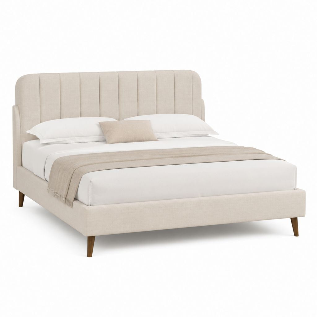 Letto matrimoniale imbottito beige in poliestere con testiera alta 160 x 200 cm