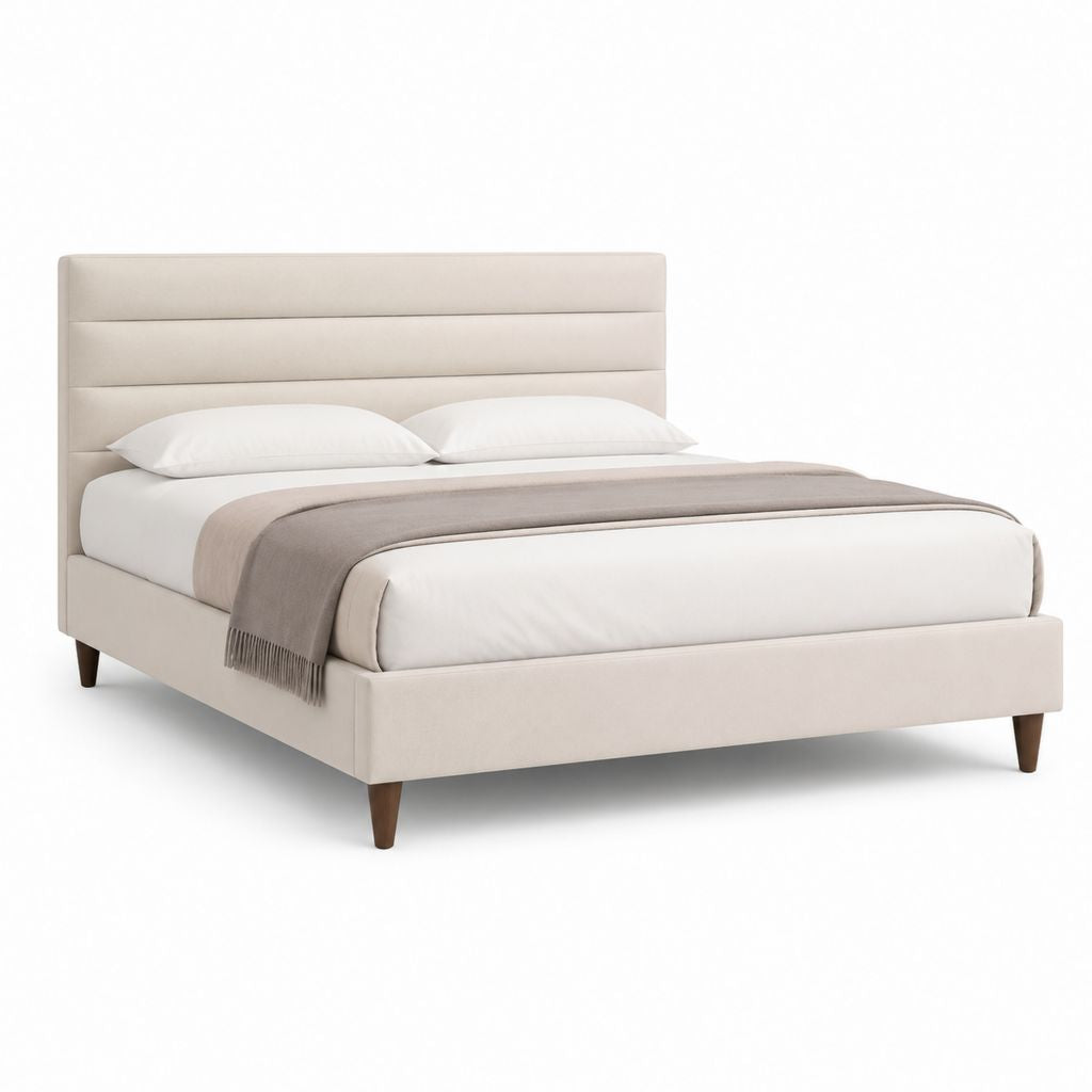 Letto matrimoniale imbottito beige in poliestere con testiera alta 174 x 218 x 112 cm per materasso 160 x 200 cm
