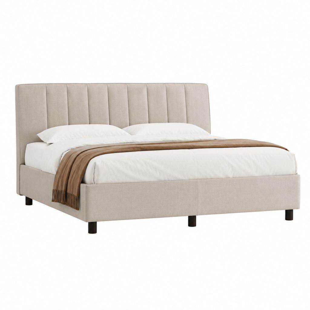 Letto matrimoniale imbottito beige in poliestere con testiera alta 160 x 200 cm