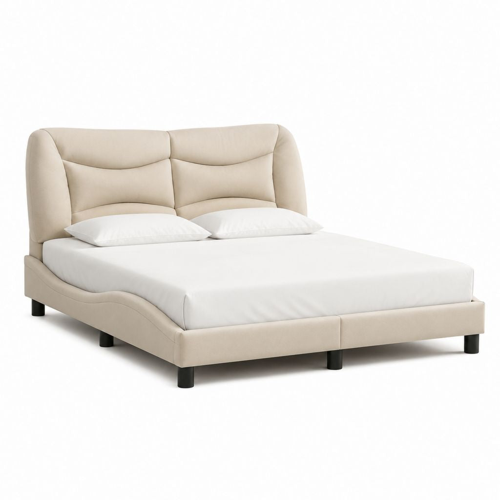 Letto matrimoniale imbottito beige in pelle PU 160 x 200 cm