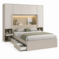 Letto matrimoniale a ponte beige in pannelli truciolari nobilitati 160 x 200 cm con armadi pensili e cassetti 205 x 220 x 220 cm
