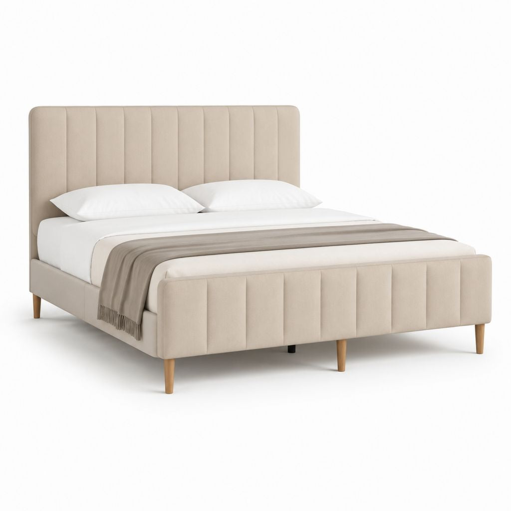 Letto matrimoniale imbottito beige in poliestere 160x200 cm con testiera alta