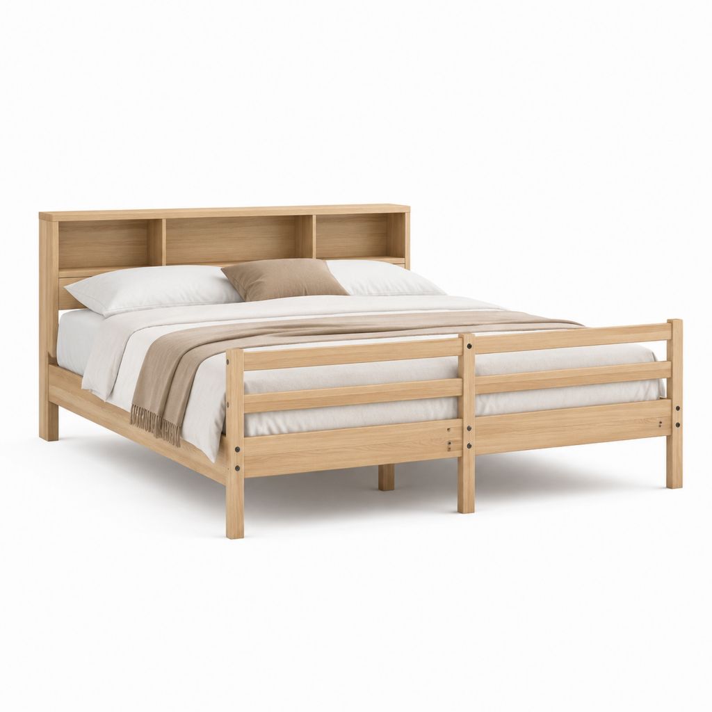 Letto matrimoniale con testiera contenitore naturale in legno massello di pino 166 x 210 x 105 cm