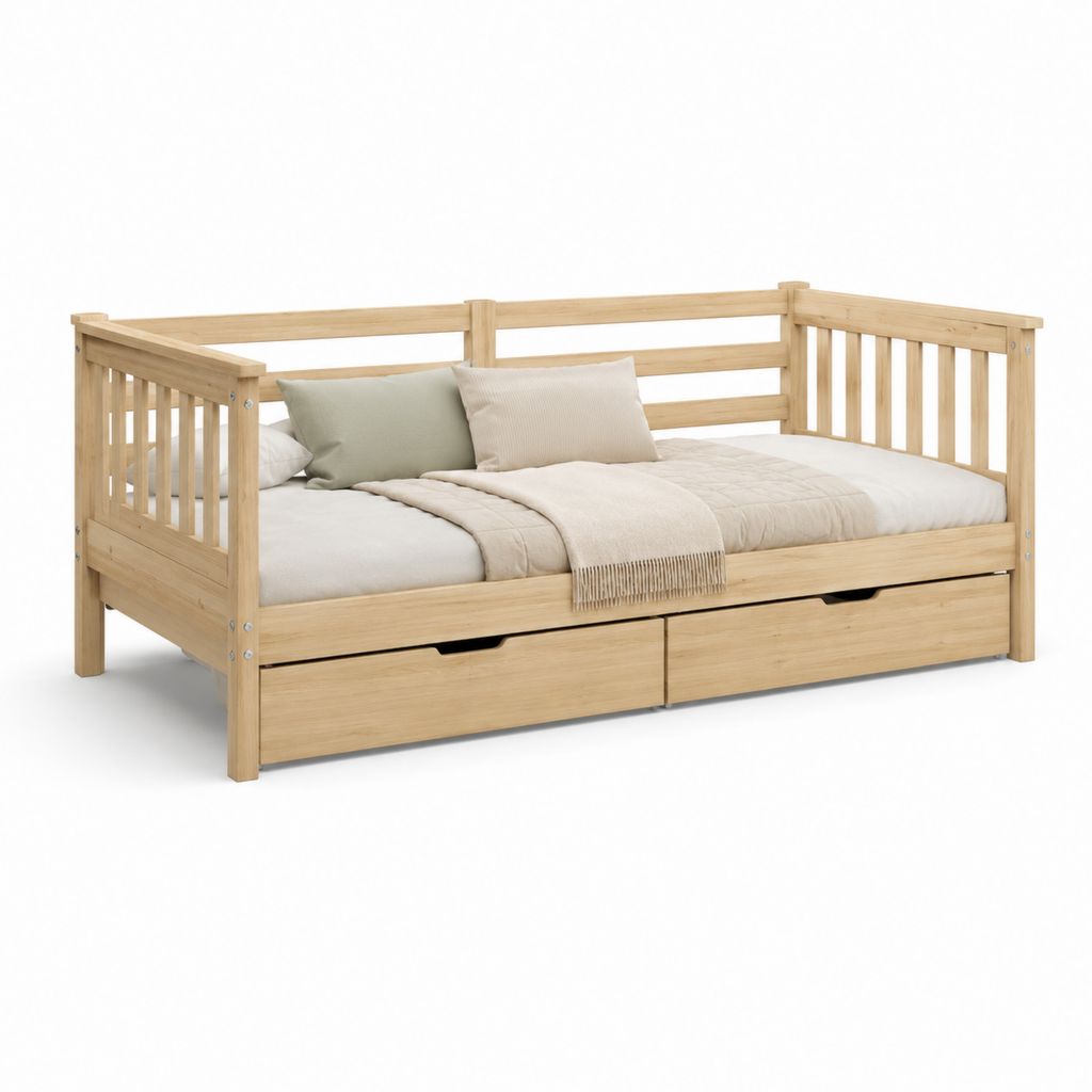 Letto singolo con sponde e 2 cassetti in pino massello naturale 208 x 98 x 75 cm