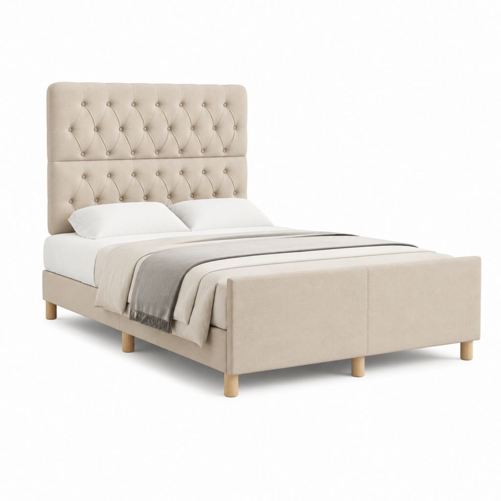 Letto matrimoniale imbottito beige in poliestere con testiera capitonné 160 x 200 cm