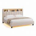Letto matrimoniale imbottito beige in poliestere rettangolare 160 x 200 cm con testiera illuminata e ripiano