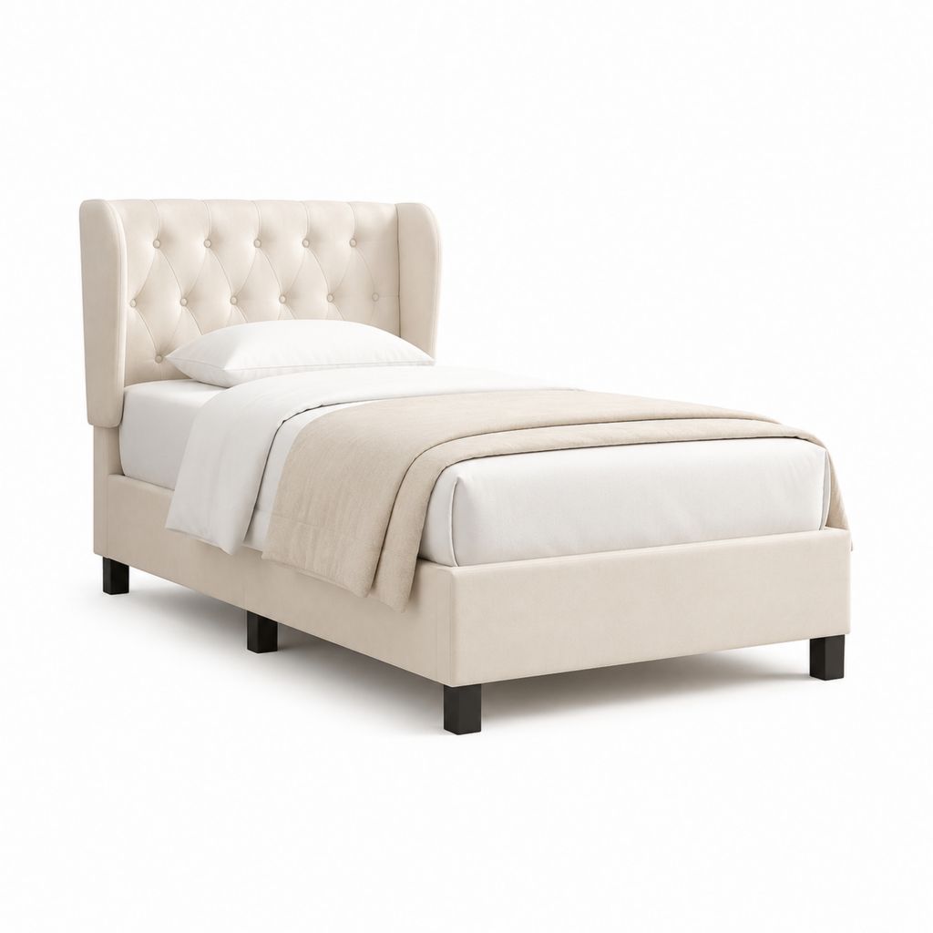 Letto singolo imbottito beige in poliestere rettangolare 90 x 190 cm